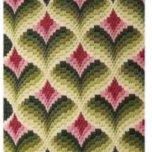 May include: A rectangular needlepoint design featuring a repeating pattern of stylized floral motifs. The design uses shades of green, pink, and cream against a dark background. The pattern is symmetrical, with each element resembling a stylized leaf or petal.