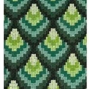 May include: A close-up of a needlepoint canvas with a repeating geometric pattern. The design features diamond shapes in shades of green, teal, and dark green, creating a textured, handcrafted appearance. The pattern is symmetrical and fills the entire frame.