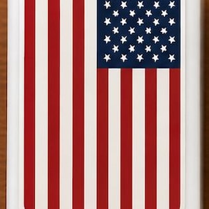 May include: A white, rectangular object with rounded corners. The top surface displays a printed design of the American flag, with red and white stripes and a blue field with white stars. The object is likely a container or decorative item.