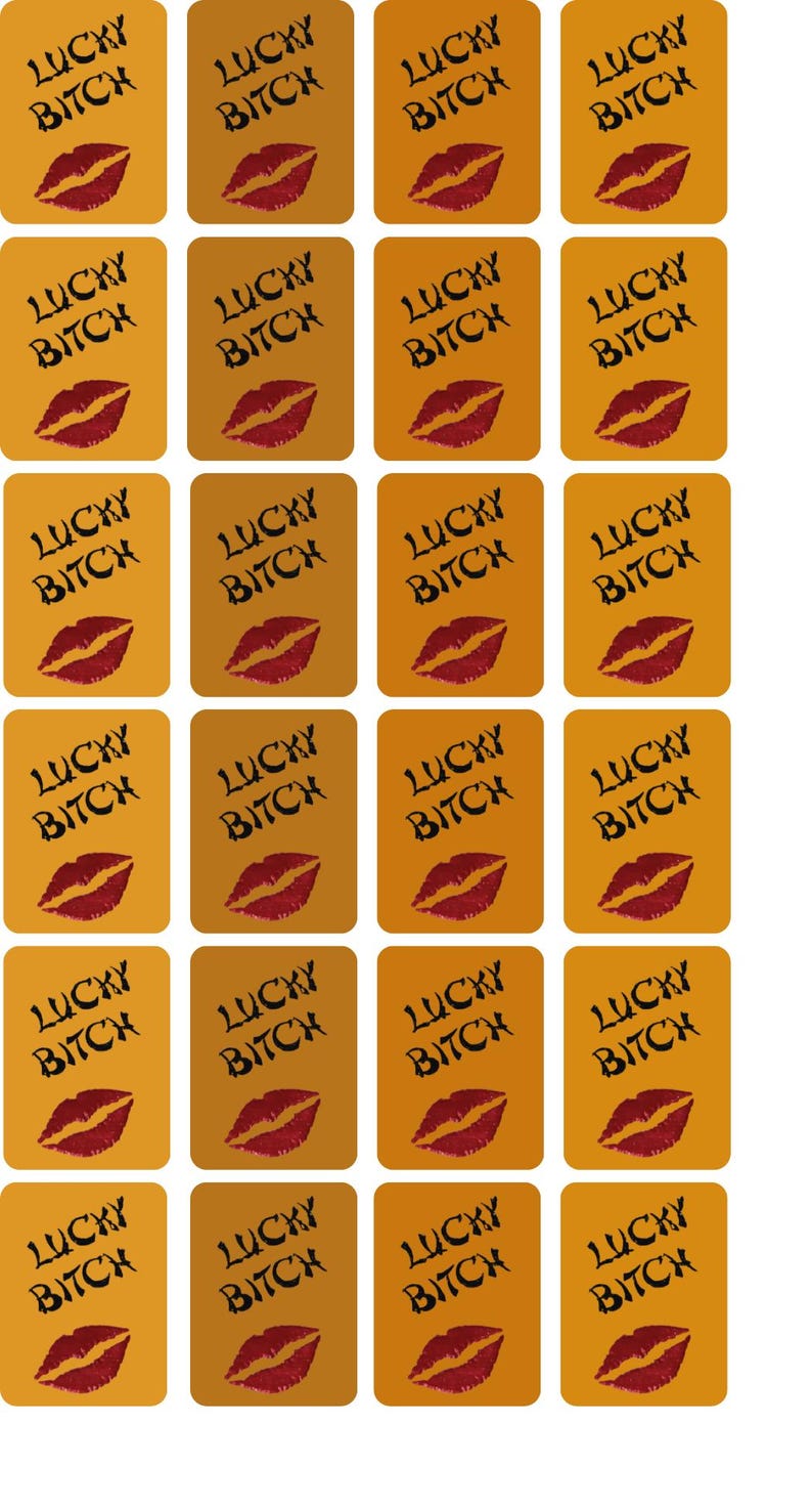 May include: A sheet of twenty-four rectangular stickers with a mustard yellow background. Each sticker features the black text LUCKY BITCH in a distressed font above a dark red graphic of a pair of lips. The stickers are arranged in a grid.
