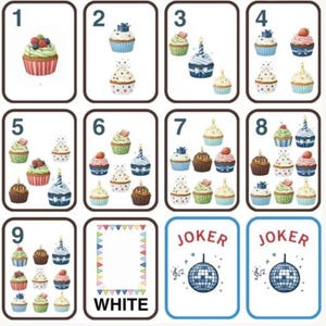 Peut inclure: Un jeu de cartes avec des illustrations &agrave; l'aquarelle de cupcakes. Chaque carte affiche un nombre diff&eacute;rent de cupcakes, avec divers garnitures et d&eacute;corations. Deux cartes sont &eacute;tiquet&eacute;es "JOKER" et pr&eacute;sentent une boule disco.