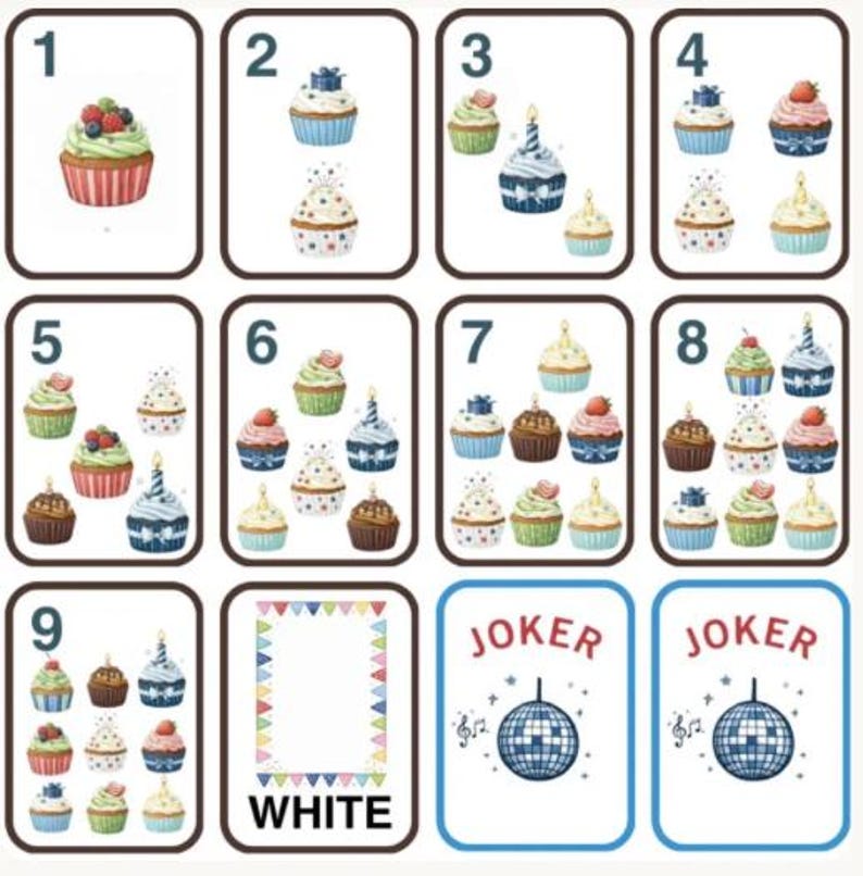 Peut inclure: Un jeu de cartes avec des illustrations &agrave; l'aquarelle de cupcakes. Chaque carte affiche un nombre diff&eacute;rent de cupcakes, avec divers garnitures et d&eacute;corations. Deux cartes sont &eacute;tiquet&eacute;es "JOKER" et pr&eacute;sentent une boule disco.