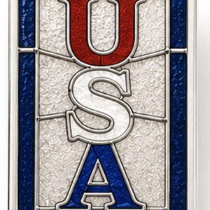 May include: Rectangular metal pin featuring the letters "USA" in red, white, and blue. The letters are designed in a stained glass style, set against a textured background with a silver border. A patriotic design.