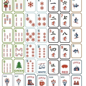 May include: A collection of playing cards with winter and ski-themed illustrations. The cards feature snowflakes, skiers, and other winter symbols. Some cards have numbers and Chinese characters. The color palette includes red, white, green, and blue.