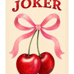 May include: A rectangular playing card with a cream background featuring the word JOKER in red capital letters at the top. Below the text, two bright red cherries with green stems are tied together with a decorative pink ribbon bow.