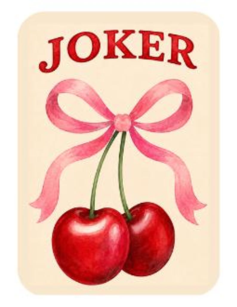 May include: A rectangular playing card with a cream background featuring the word JOKER in red capital letters at the top. Below the text, two bright red cherries with green stems are tied together with a decorative pink ribbon bow.