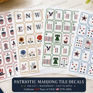 May include: Sheets of patriotic mahjong tile decals with red, white, and blue designs. The decals feature various symbols, numbers, and letters, including stars, stripes, and the text "USA". The text "Patriotic Mahjong Tile Decals" is also visible.