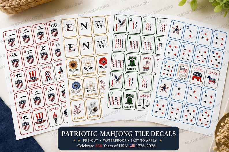 May include: Sheets of patriotic mahjong tile decals with red, white, and blue designs. The decals feature various symbols, numbers, and letters, including stars, stripes, and the text "USA". The text "Patriotic Mahjong Tile Decals" is also visible.