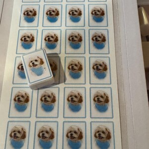 May include: A rectangular sheet of white stickers featuring a repeating portrait of a small, light-coloured dog wearing a blue bandana. A single, thicker, rectangular tile with the same dog image is placed on top of the sticker sheet.