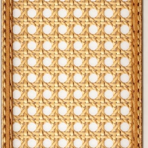 May include: Rectangular woven rattan tray with a light brown leather-like border. The tray features a repeating pattern of woven natural fibers and white circular spaces, creating a textured surface.