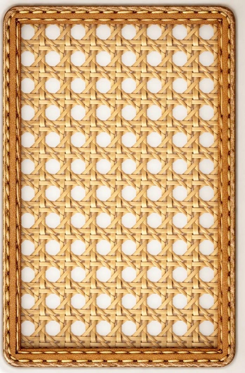 May include: Rectangular woven rattan tray with a light brown leather-like border. The tray features a repeating pattern of woven natural fibers and white circular spaces, creating a textured surface.