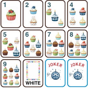 May include: A deck of playing cards with illustrations of cupcakes. Each card shows a different arrangement of cupcakes with toppings, candles, and gift boxes. The set includes two Joker cards with a disco ball design and a white card with a colourful border.