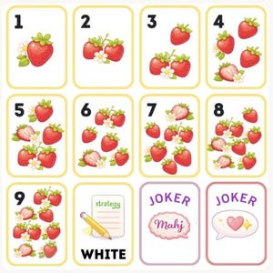Peut inclure: Cartes &agrave; jouer avec des fraises, des fleurs et les chiffres de 1 &agrave; 9. Deux cartes joker sont incluses, l'une avec le mot "Mahj" et l'autre avec un c&oelig;ur. Une carte porte le mot "WHITE" et le mot "strategy" avec un crayon.