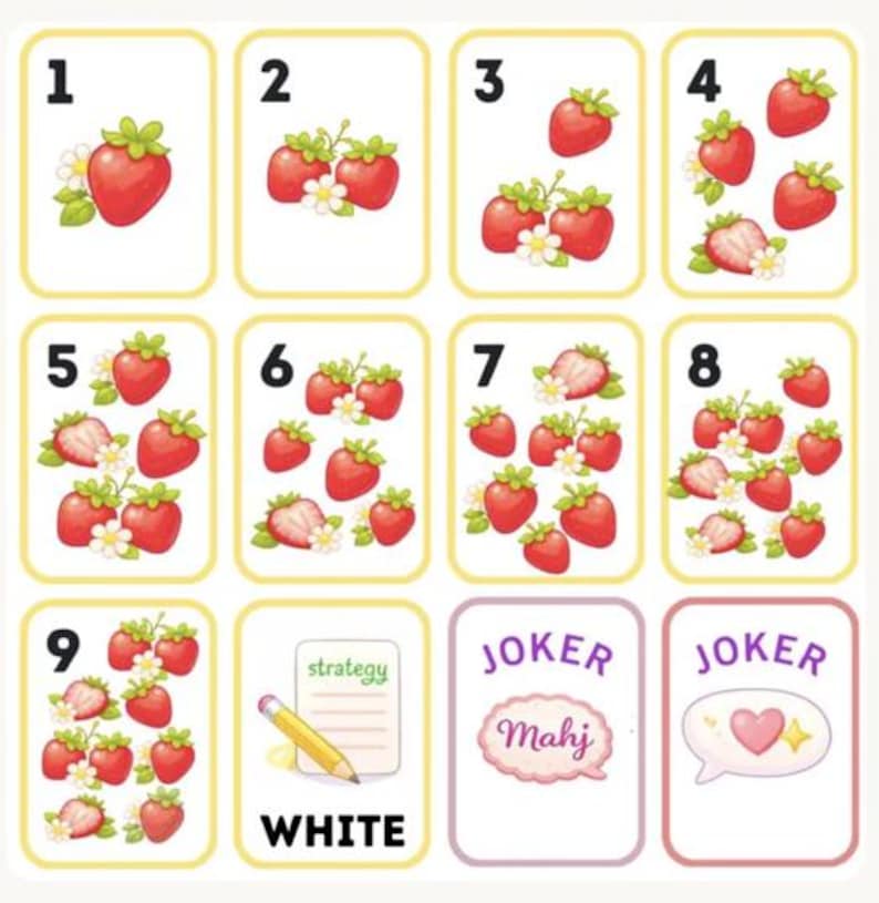 Peut inclure: Cartes &agrave; jouer avec des fraises, des fleurs et les chiffres de 1 &agrave; 9. Deux cartes joker sont incluses, l'une avec le mot "Mahj" et l'autre avec un c&oelig;ur. Une carte porte le mot "WHITE" et le mot "strategy" avec un crayon.