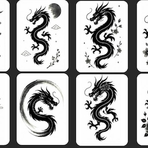 May include: A collection of eight rectangular temporary tattoo sheets featuring black ink illustrations of dragons. Each design depicts a dragon in a different pose, accompanied by various elements such as a crescent moon, full moon, clouds, cherry blossoms, a lotus flower, a circular brushstroke, and peony flowers.