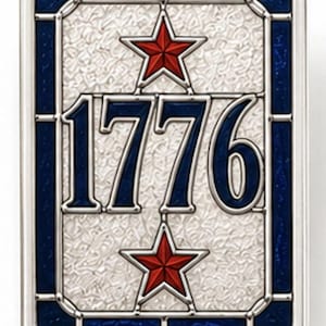 May include: Rectangular plaque with a silver frame, featuring the year "1776" in blue, with red stars above and below. The background has a textured, silver-white pattern, and the border is a deep blue.