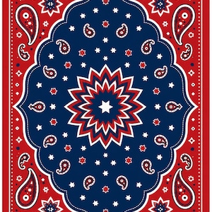 May include: A red, white, and blue bandana with a paisley and star pattern. The centre features a large starburst design. The border is red with white dots, and the centre is blue with white stars.
