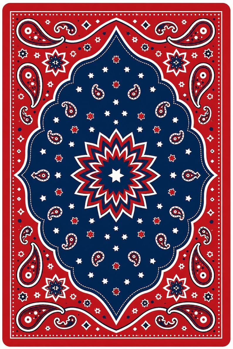 May include: A red, white, and blue bandana with a paisley and star pattern. The centre features a large starburst design. The border is red with white dots, and the centre is blue with white stars.