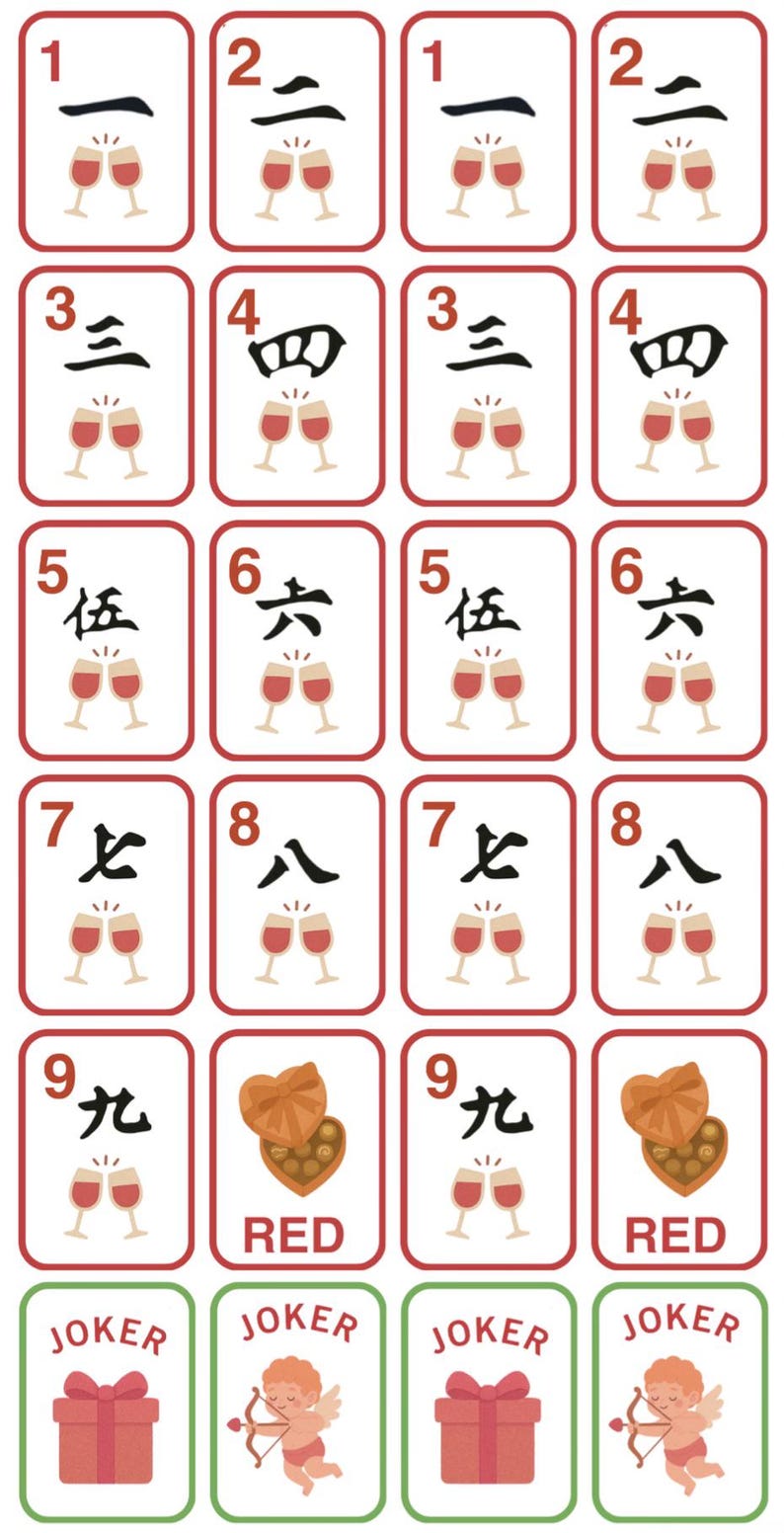 K&ouml;nnte beinhalten: Ein Kartenspiel mit rot-wei&szlig;en R&auml;ndern. Die Karten zeigen Zahlen und chinesische Schriftzeichen, zusammen mit Illustrationen von Sektgl&auml;sern, Pralinen, Geschenkboxen und Amor. Das Wort "JOKER" ist ebenfalls vorhanden.