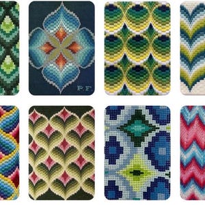 May include: Eight colorful needlepoint designs featuring geometric and floral patterns. The designs include shades of green, blue, yellow, and pink, showcasing intricate stitch work and vibrant color combinations. Ideal for craft projects.