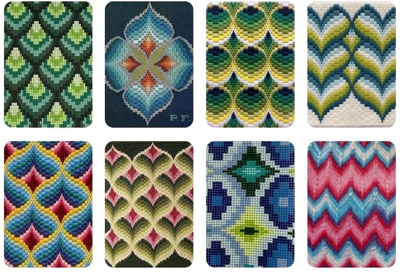 May include: Eight colorful needlepoint designs featuring geometric and floral patterns. The designs include shades of green, blue, yellow, and pink, showcasing intricate stitch work and vibrant color combinations. Ideal for craft projects.