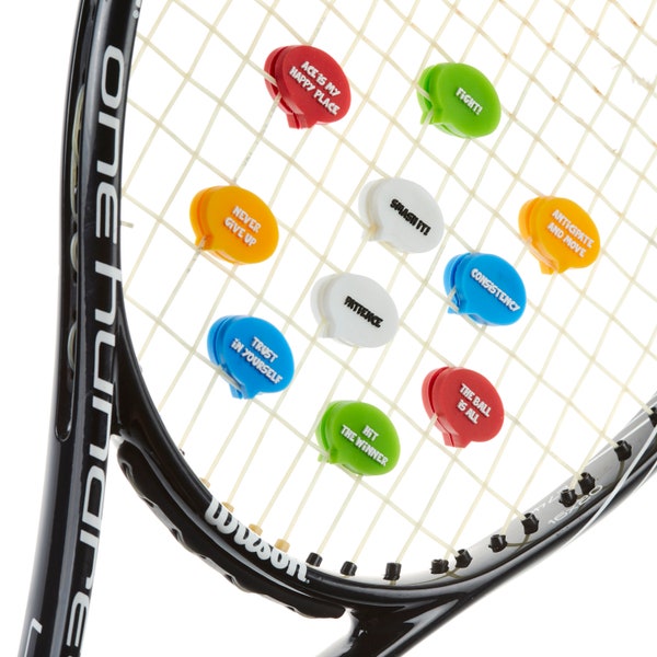 Tennis Vibration Dampener (10 Pack). Unique Tennis Gift for Kids, Women and Players with 10 Motivational Slogans
