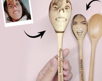 Custom Face Engraved Funny For Friend Christmas Wooden Spoons - Novelty, Unique & Quirky Gifts Ideas.