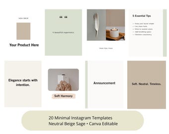 20 Neutral Instagram Templates | Minimal Social Media Kit | Digital Branding Assets.