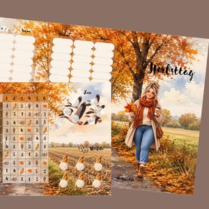 Könnte beinhalten: Zwei rechteckige Planer-Bögen mit herbstlichen Illustrationen. Ein Bogen zeigt ein Raster mit Zahlen und Gänsen, der andere eine Person, die in einem Park spazieren geht, mit dem Text "Herbsttag". Beide enthalten leere Felder für Notizen.