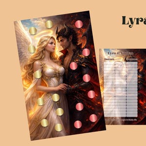 Könnte beinhalten: Illustration eines blonden Engels und eines dunkelhaarigen Dämons mit dem Text "Lyra & Xaphan". Das Bild enthält goldene und rosa Rubbelkreise. Eine kleinere Karte zeigt ein Raster mit dem Text "Rubbelchallenge mit 17 Rubbelsticker."