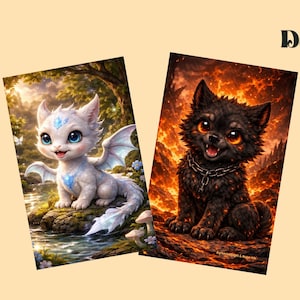 Op de afbeelding: Twee fantasy-kunstprints met schattige wezens. Eén toont een wit draakachtig wezen met blauwe ogen en vleugels, de andere een zwart wolfachtig wezen met vurige ogen. Het woord "Dashboard" staat bovenaan.