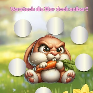 Könnte beinhalten: Cartoon-Illustration eines braunen Hasen, der eine Karotte und Grünzeug hält, mit dem Text "Versteck die Eier doch selber!". Das Bild hat einen Hintergrund aus Gras, Blumen und weißen Kreisen. Das Wort "Lose" ist ebenfalls sichtbar.