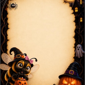 Op de afbeelding: Een verticaal rechthoekig perkamenten kader met een gekartelde rand, met een Halloween-thema inclusief een bij met een heksenhoed, een pompoen, een spook, een spin, een spookhuis en herfstbladeren. De tekst Nickis-life staat onderaan.