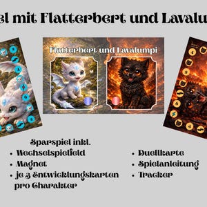Könnte beinhalten: Ein Brettspiel namens "Spiel mit Flatterbert und Lavalumpi" mit Fantasy-Kreaturen. Das Spiel enthält Karten mit Illustrationen einer weißen geflügelten Kreatur und einer schwarzen wolfsähnlichen Kreatur. Zusätzliche Spielkomponenten sind unten aufgeführt.