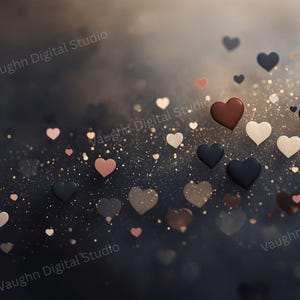 May include: A romantic digital art piece featuring floating heart shapes in various colors, including red, white, pink, and navy blue, against a dark, blurred background with sparkling accents. The image has a dreamy, soft focus effect.