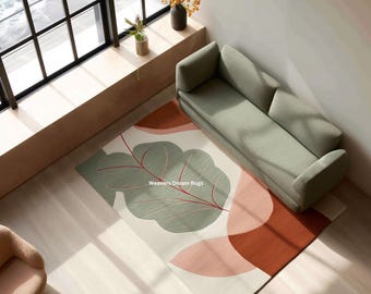 Sage Green, Brown Botanical Wool Area Rug | Modern Leaf Design Carpet