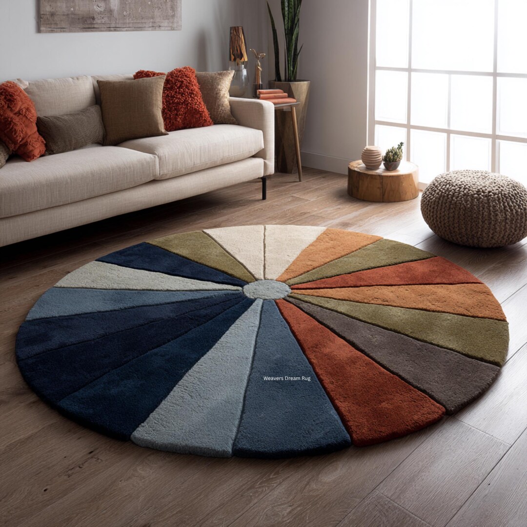 Round Sunburst Rug | Mid Century Colorful Area Radial for Blue, Brown ...