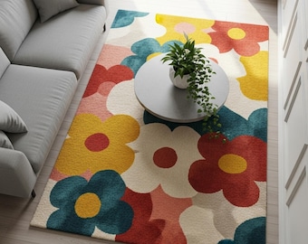 Alfombra floral de lana tejida a mano, alfombra moderna y colorida con flores para la sala de estar.