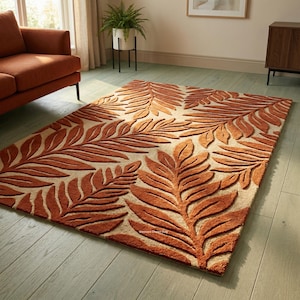 Rust Brown Leaf Area Rug, Botanical Textured Living Room Carpet Decor