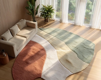 Modern Wavy Abstract Area Rug |  Orange, Green & Beige Rust Carpet Soft Wool 6x9 Feet Multi color Carpet