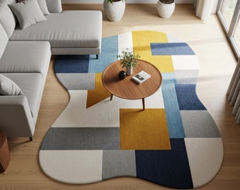 Modern Abstract Area Rug, Blue Grey Mustard, Irregular Shape