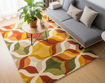 Mustard, Rust, Sage Green Botanical Wool Area Rug | Hand Tufted Living Room Carpet