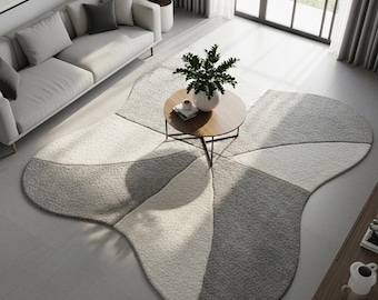 Moderner Unregelmäßiger Creme & Grauer Teppich | Geformter Wollteppich