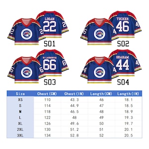 May include: Four blue hockey jerseys with red and white accents, each displaying a different name and number. The jerseys have a logo on the front and a size chart below, with chest and length measurements in inches and centimeters.