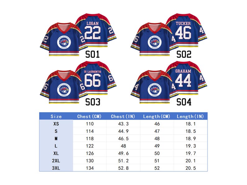 May include: Four blue hockey jerseys with red and white accents, each displaying a different name and number. The jerseys have a logo on the front and a size chart below, with chest and length measurements in inches and centimeters.