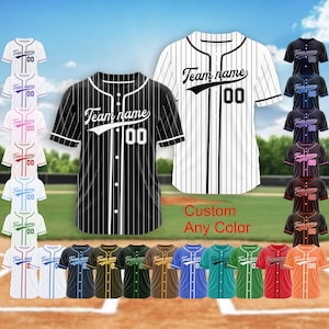 May include: Baseball jerseys in various colors, including black, white, blue, and red, are displayed. Each jersey features a "Team name" and the number "00". The text "Custom Any Color" is also visible.