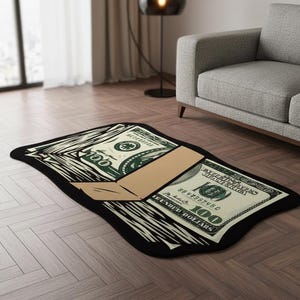 Könnte beinhalten: Rechteckiger Teppich mit schwarzem Rand, der einem Stapel Hundert-Dollar-Scheine nachempfunden ist. Der Teppich hat grüne und weiße Details, mit einem beigefarbenen Papierband um die Scheine. Der Teppich liegt auf einem Holzboden.