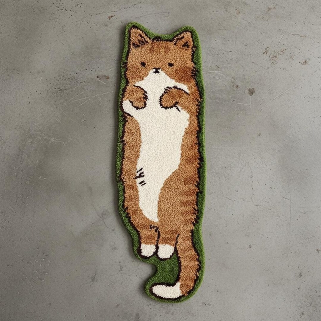 Cute Cat Shaped Tufted Rug, Kawaii Ginger Cat Lying on Grass Floor Mat ...
