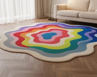 Colorful Wavy Rainbow Rug, Hand-Tufted Groovy Area Rug, Psychedelic Irregular Rug for Living Room, Aesthetic Room Decor, Funky Carpet