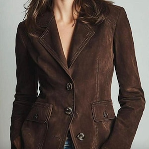 Cocoa Brown Genuine Leather Blazer – Slim Fit Chic Outerwear